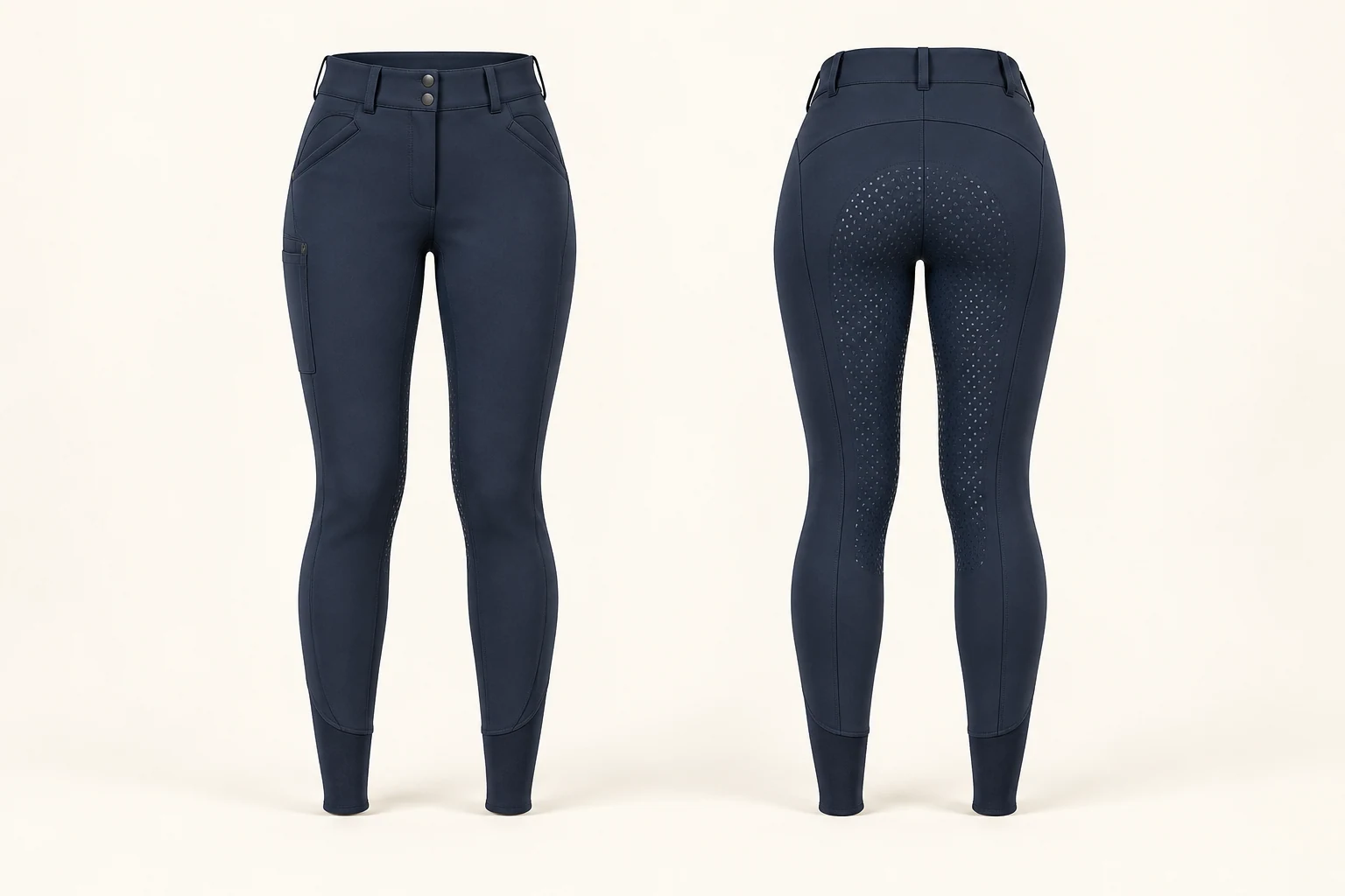 Original navy riding-breech concept, front and back; review points locate the contoured waist, full-seat grip and phone pocket