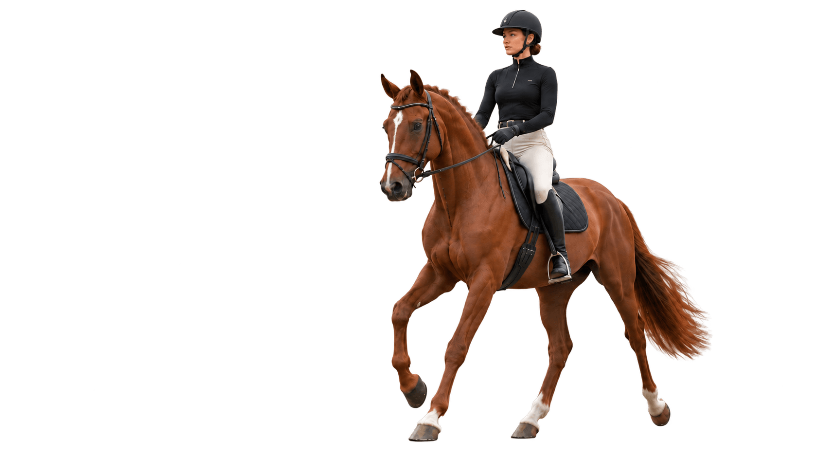Rider wearing a black technical top and cream riding breeches on a bay horse — original concept