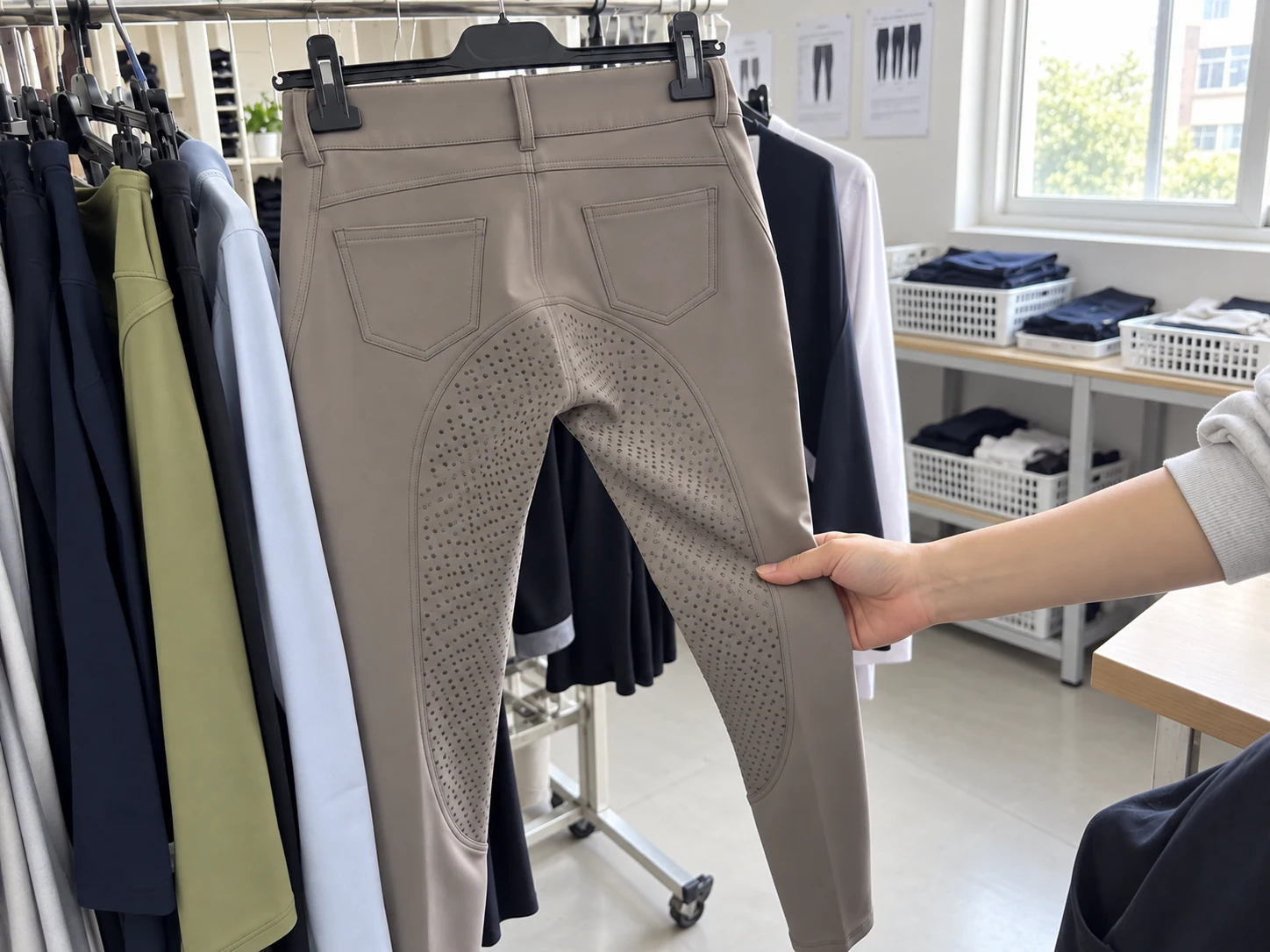 Full-seat breeches detail showing a material application concept